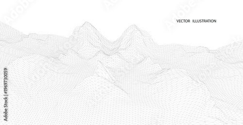 3D wireframe of contour swirl. Abstract wireframe background. Black and white wave.