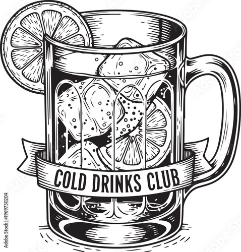 A stylish mug from the cold drinks club adorned with citrus slices and refreshing visuals hand drawing illustration vector