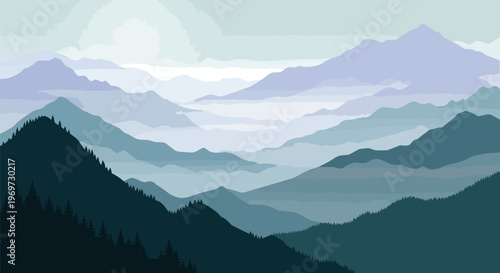 Minimalist Mountain Landscape with Foggy Layers and Pine Forest Silhouette