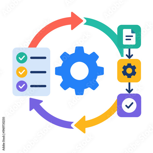 Streamlined process automation cycle icon depicting workflow management, task completion, and system configuration for efficient operations