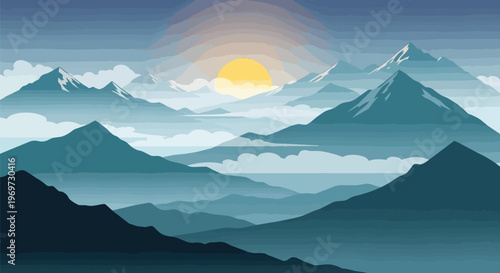 Minimalist Vector Illustration of Misty Mountain Peaks at Sunrise