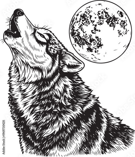 A howling wolf under the craters of a lunar surface in a striking black and white illustration hand drawing illustration vector