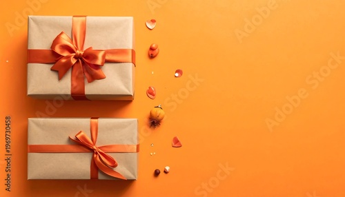 A vibrant orange background with two elegantly wrapped gifts