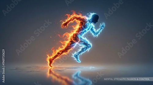 Dynamic Human Figure in Flames and Ice Depicting Strength and Motion