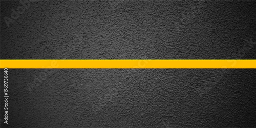 Asphalt road with yellow lane marking, concrete highway surface, texture. Street traffic line, road dividing strip. Pattern with grainy structure, grunge stone background. Vector illustration