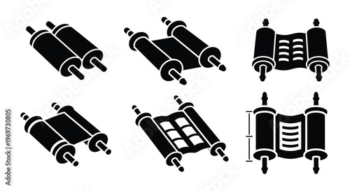 Collection of black and white scroll illustrations in varying orientations