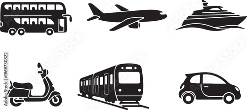 Black and white of vintage vehicles and transportation modes desig