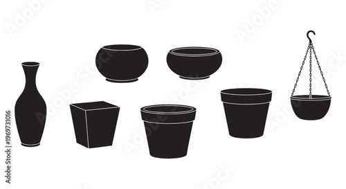 Ceramic pot silhouettes set, vases and bowls, black vector illustration