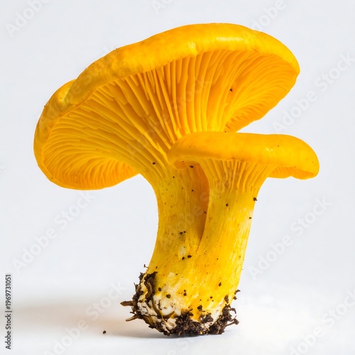 A vibrant yellow-orange mushroom with a wide cap and short stem