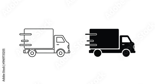 Fast delivery truck vector illustration set depicting shipping and moving services with outline and solid black graphic design icons.