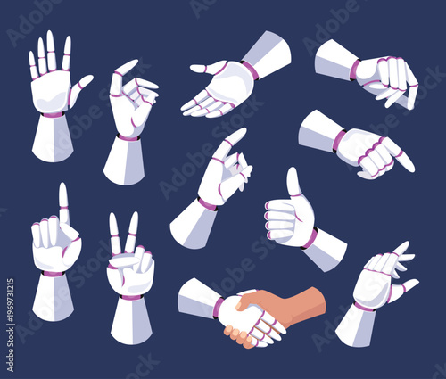 Robotic Hand Gestures Set. AI Hands Color Vector Collection