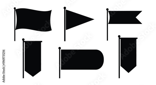 A collection of six black silhouette flags on a white background