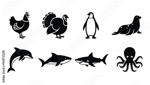 A collection of black silhouettes depicting various birds and marine animals including a chicken turkey and octopus silhouette high quality professional