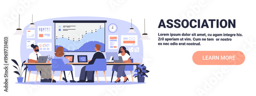 Association business teamwork meeting people analyzing charts laptops modern office workspace graphs data presentation plants lamps wall clock website banner
