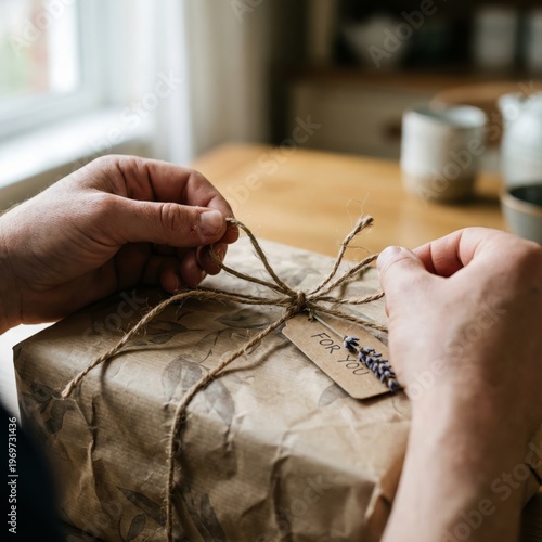 Hands tying natural twine on brown gift box