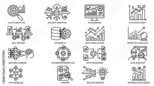 Business icons, data analysis, marketing, finance symbols, 20 vector graphics