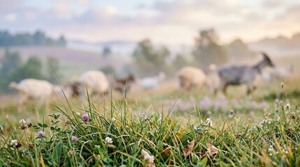 Pastoral landscape photos of goats grazing in a misty meadow at sunrise