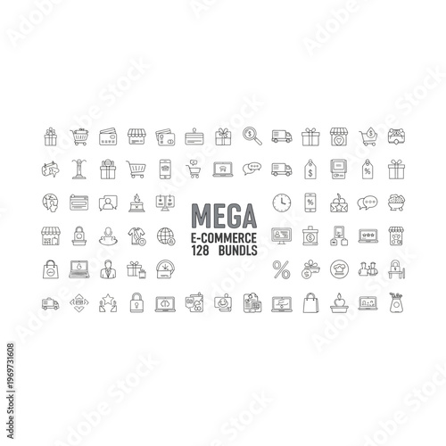 A collection of various black icons on a white background with mega sale text
