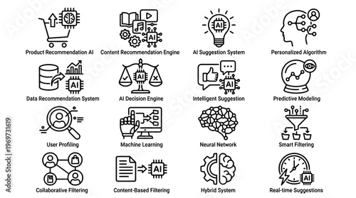 AI icons, artificial intelligence symbols, machine learning graphics, 20 technology illustrations