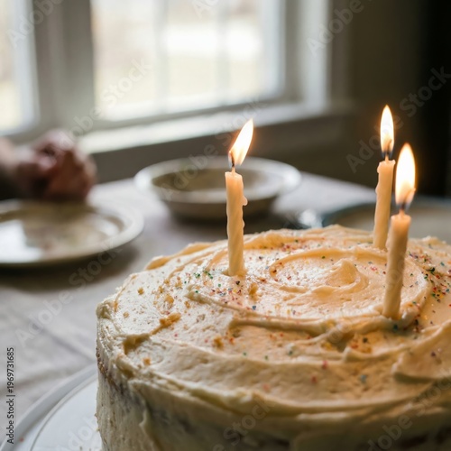 Birthday celebration cake with lit candles and frosting