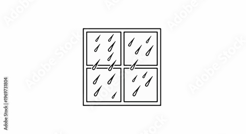Four window panes with falling raindrops depicted in simple line art