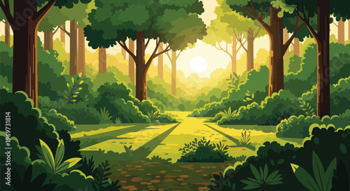 Enchanting Forest Glade with Golden Sunrise Rays and Lush Greenery