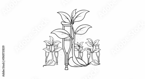 Sprouting plants grow from medical crutches and test tubes