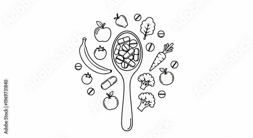 Spoonful of pills surrounded by fruits, vegetables, and tablets