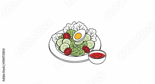 Fresh salad with sliced eggs, tomatoes, and cucumbers with dip