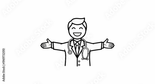Friendly cartoon doctor with open arms and stethoscope