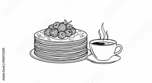 Stack of pancakes topped with raspberries next to a steaming cup of coffee