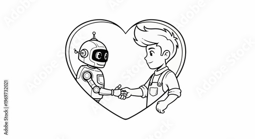Friendly handshake between a boy and a robot inside a heart outline
