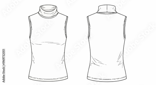 Front and back views of a sleeveless turtleneck shirt sketch