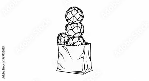 Stacked artichokes in a paper grocery bag, sketched illustration