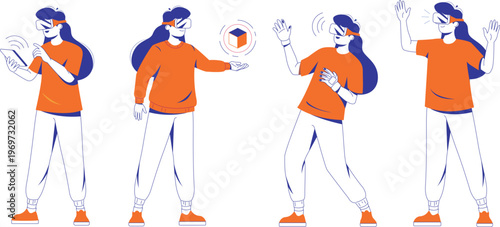 Flat VR Woman Character Set, Color and Outline Style Vector Illustrations