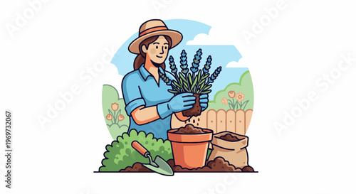 Gardener planting lavender in a pot with soil and tools in a garden