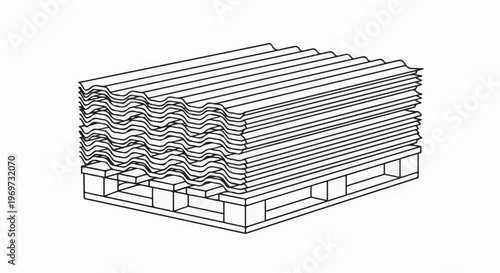 Stacked corrugated roofing sheets on a wooden pallet, drawn in line art