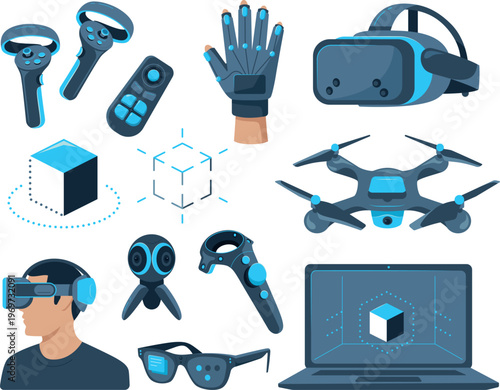 Vector VR Elements Set. Virtual Reality Gadgets and Devices