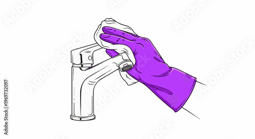 Hand in a purple glove wipes a faucet with a cloth, emphasizing cleanliness