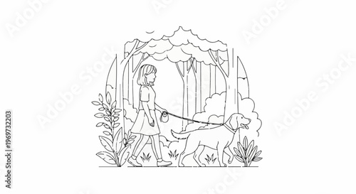 Girl walking dog in a forest clearing with trees and foliage
