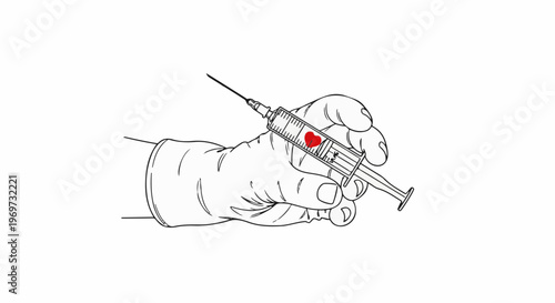 Hand in glove holding syringe with a red heart symbol inside