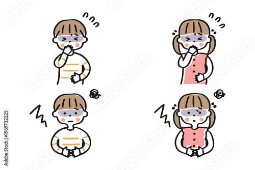 腹痛でお腹を押さえる　吐き気に苦しむ　男の子と女の子