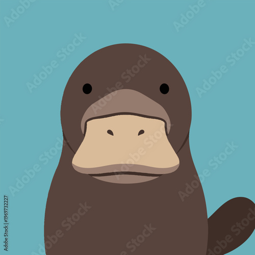 Platypus illustration, unique animal, duck bill, brown fur, simple vector art, front view, isolated on light blue background.