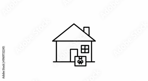 Minimalist outline of a house with a gift box by the door