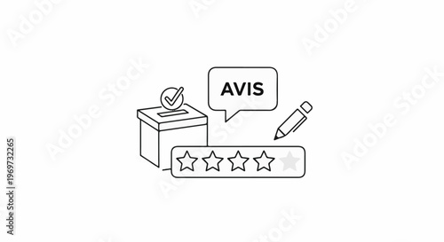 Simple line drawing of voting box with checkmark, speech bubble with "AVIS", pencil, and rating stars