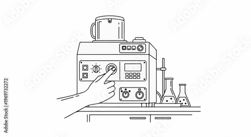 Hand operating complex lab equipment with flasks nearby