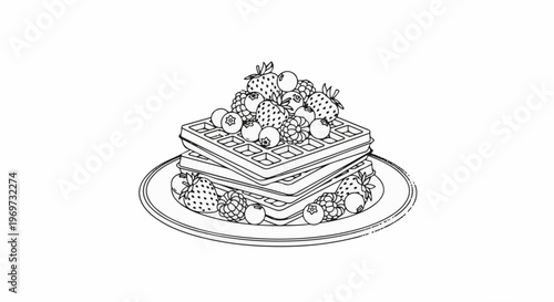 Stacked square waffles piled high with fresh berries on a plate