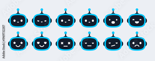 AI chatbot bot head emotions and facial expressions kit. Blue robot assistant face icons with happy, sad, angry and surprised moods for mobile app UI UX design