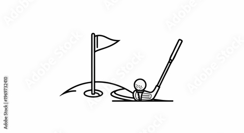 Golf club poised over ball near flag on a golf course