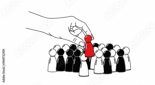Hand picking one red figure from a crowd of black and white figures